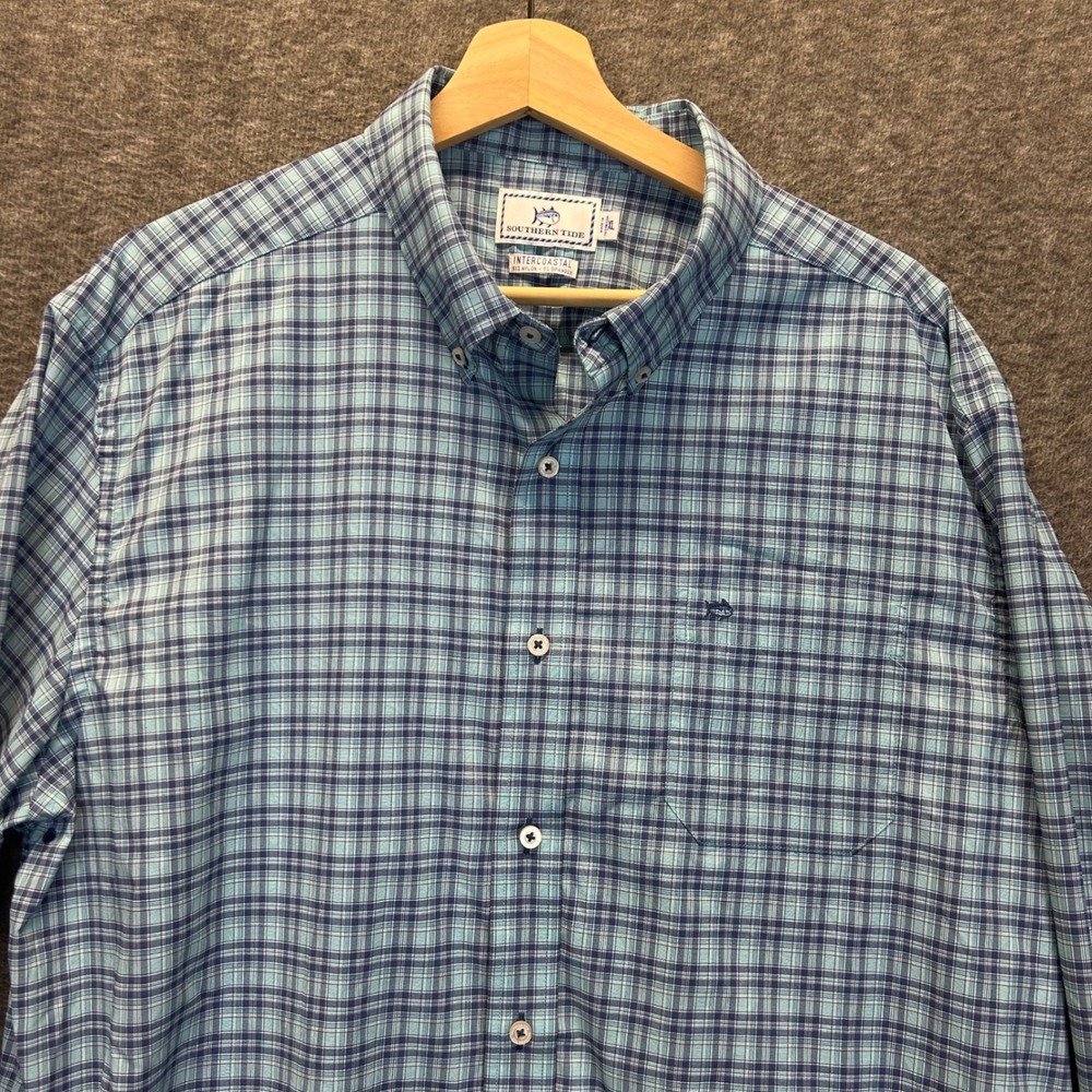 Southern Tide Intercoastal Blue Plaid Performance Shirt Mens XL Long Sleeve